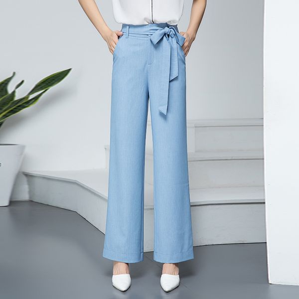

2018 autumn new women's casual high-rise silk jeans women's large size simple slim wide leg jeans trousers blue plus size s-4xl