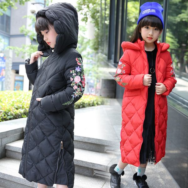 

girls russian winter long thickened warm cotton outerwear & coats children hooded windbreakers kids embroidered jackets, Blue;gray