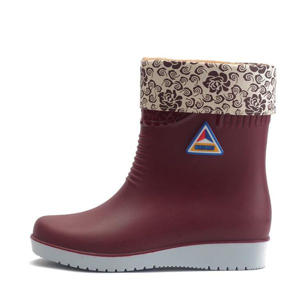 

women winter mid-calf warm rainboots non-slip work shoes waterproof water shoes woman wellies rain boots, Black;red