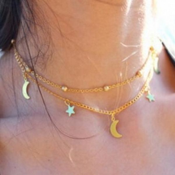 

gold color star moon pendant necklaces women multilayer round beads clavicle chain chokers bohemian fashion jewelry accessories, Golden;silver