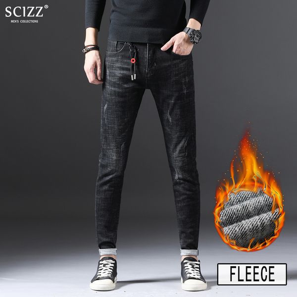 

2018 new autumn and winter fleece jeans men casual straight denim trousers men decoration pendant 18r865, Blue