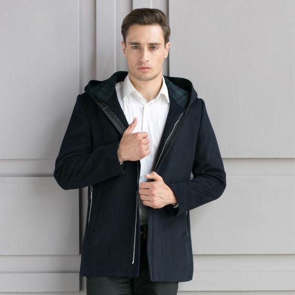 

zipper hooded mid-long casual men' s wool & blend coats 2017 men winter coat jacket thick outwear cashmere coat palto peacoat, Black