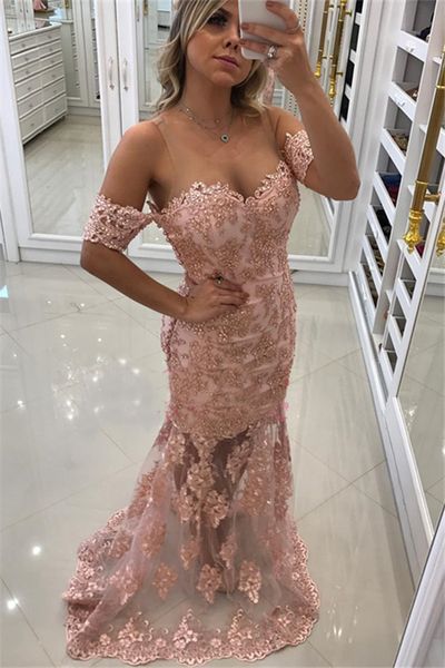 

Elegant Off-the-Shoulder Pink Mermaid Prom Dresses 2018 Appliques Evening Gowns with Beadings Dresses Evening Wear Custom Made