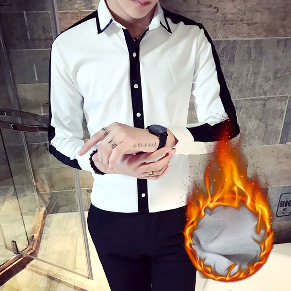 

dress shirt men slim fit fashion plus velvet thick warm social business casual long-sleeved shirt man autumn new male clothes, White;black