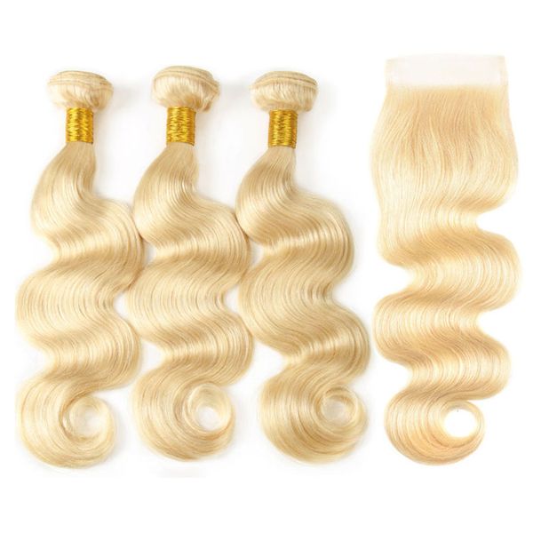Brasileiro Platinum Blonde Cabelo Weave Com Lace Encerramento da onda do corpo Lace Encerramento com os pacotes # 613 extensões do cabelo com fechamento Lace