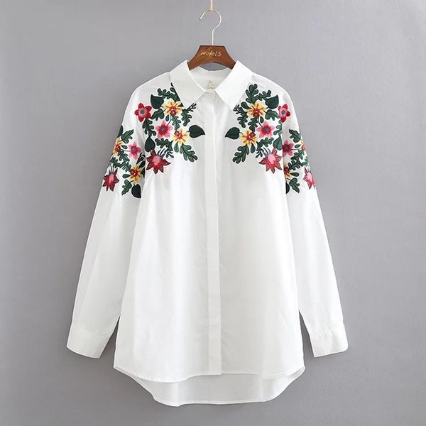 

euro style women clothes turn down collar flower embroidery long sleeve women long blouse lady fashion elegant blouse & shirt, White