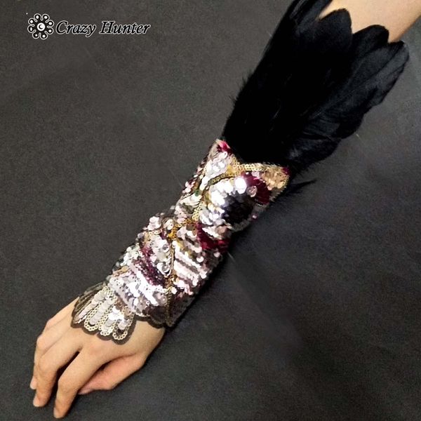 

feather sequins cosplay custome womens arm gloves steampunk wrist cuff, Blue;gray