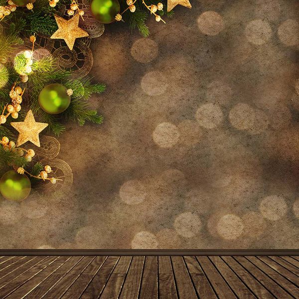 Sfondo fotografico di Natale Pavimento in legno Palline verdi stampate Stelle Bokeh Pois Puntelli per la doccia per neonati Sfondo per feste per bambini
