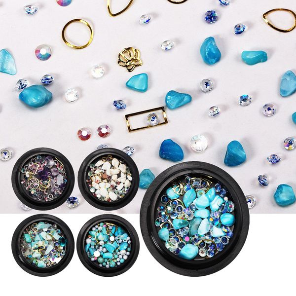 

1box japanese diy retro turquoise multi-size crack beads crystal rhinestone blue alloy frame resin manicure nail art decorations, Silver;gold