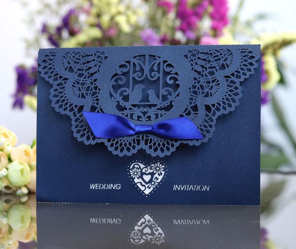 

2018 Elegant Garden Themed Navy Blue Laser Cut Wedding Invitations Cards, Elegant Wedding Accessory Custom Inner