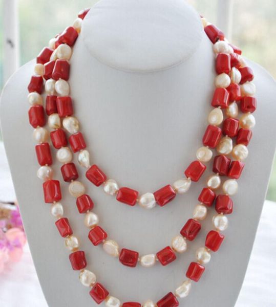 

red cylinder coral pink baroque pearl necklace 70'', Silver