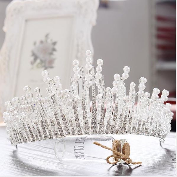 

korean luxurious bride handcrafted crown diamond pearl hair ornament crystal headwear wedding dress with accessories, Slivery;golden