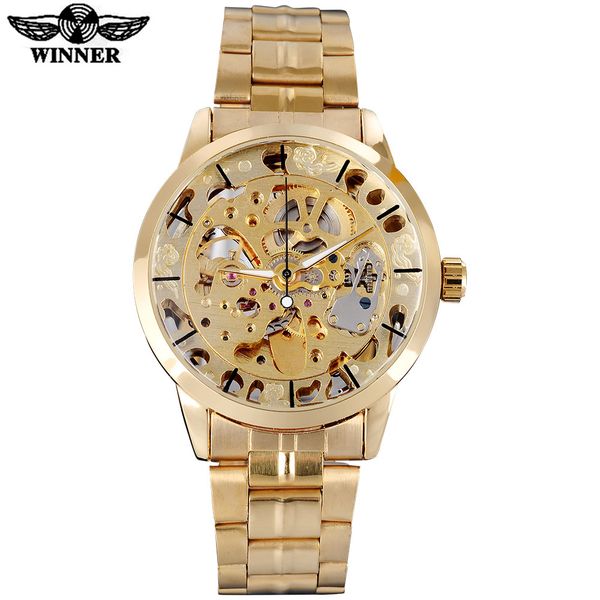 

winner men watches luxury mechanical skeleton watches skeleton stainless steel band gold dials relogio masculino, Slivery;brown