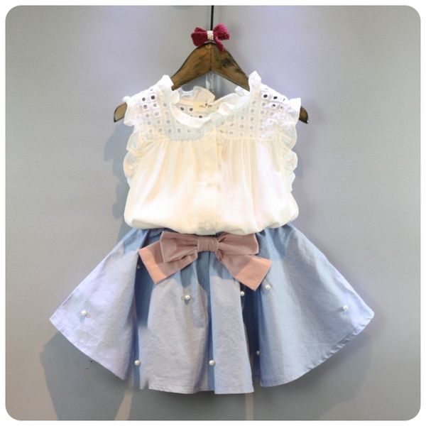 28 Jahre Kinderkleidung für Mädchen, Sommeranzug mit Schleifenrock und Spitzenoberteil, koreanischer Stil, Kinderkleidungssets, Baby- und Kleinkind-Set