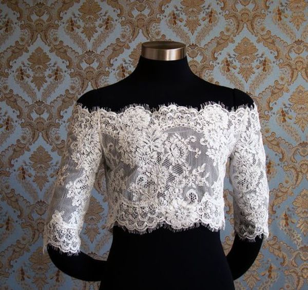 

2018 bridal wraps off-shoulder eyelash lace wedding bridal jackets applique 3/4 sleeves white lace wedding wraps ing