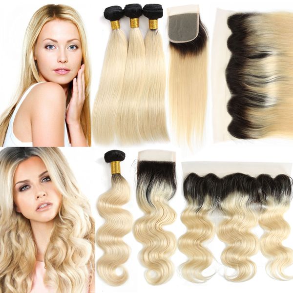 

ombre 1b/613# bleach blonde brazilian peruvian malaysian indian remy human hair weave straight body wave bundles with lace closure frontal, Black;brown