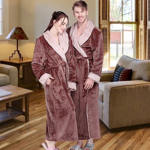 

women winter extra long thick flannel bath robe warm peignoir femme fur dressing gown men bathrobe bridesmaid wedding robes, Black;red