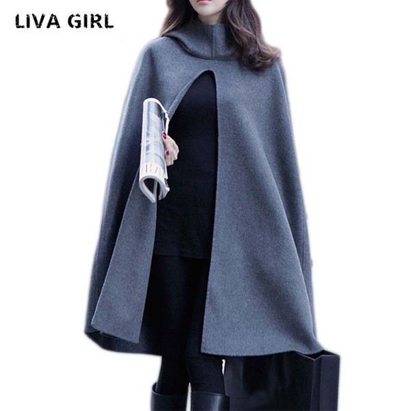 

new women hooded cloak coat bat sleeve long poncho cape coat 2018 woolen blend shawl plus size irregular ponchoes jacket, Black;brown