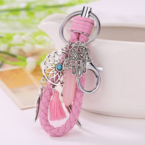 

women leather opal natural stone dream catcher charms keychain vintage girl lady keyrings key accessories jewelry, Silver