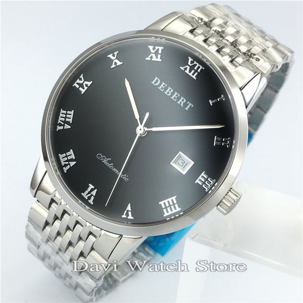 

41mm debert wristwatches black dial steel strap miyota 8215 automatic movement mens watches, Slivery;brown