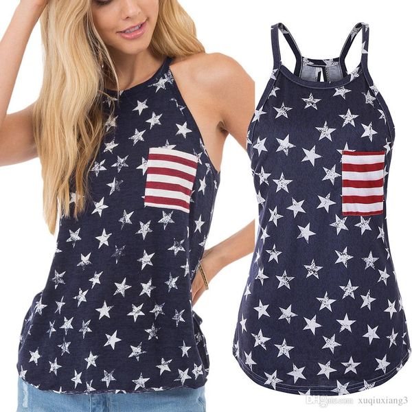 

2020 new american flag print t-shirt women summer tee fashion loose o-neck sling sleeveless shirt t-shirt feminina femmer, White