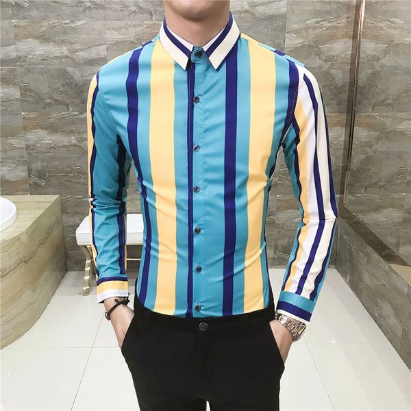 

Personalized striped print men's lapel long-sleeved shirt, slim Korean hair stylist trend handsome casual wild shirt