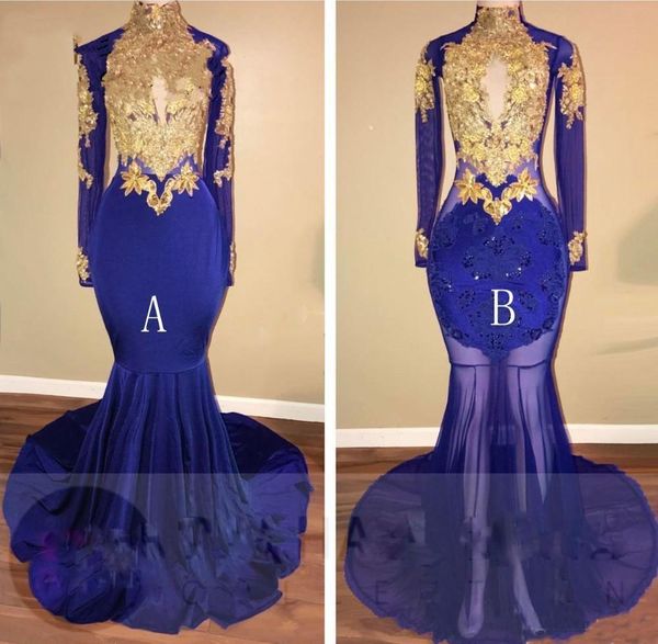 

Newly Royal Blue Prom Dresses 2018 Long Sleeves Gold Appliques Illusion Bodice Formal Party Gowns Arabic Dresses Black Girl Dress