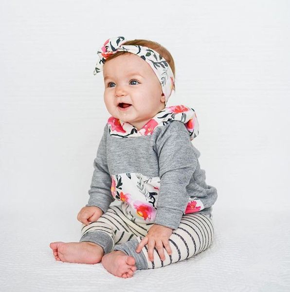 

3pcs suit baby girl clothing sets newborn baby girls long sleeve hooded sweatshirt +striped leggings pants+headband outfits set, White