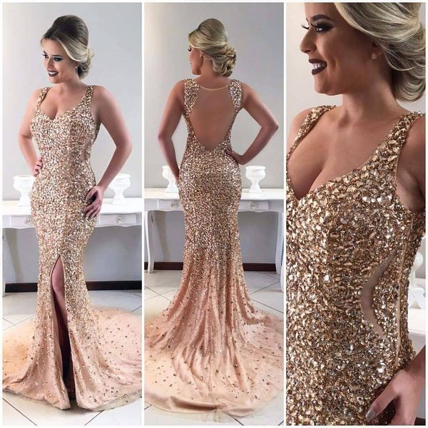 

luxury gold beading rhinestone prom dresses 2018 mermaid split long prom gowns women evening pageant dresses custom made, Black