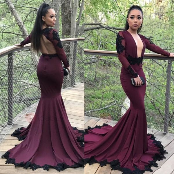 

2018 African Sexy Burgundy Grape Plunging V Neck Mermaid Prom Dresses Black Appliqued Long Sleeves Black Girls Formal Party Gowns Evening
