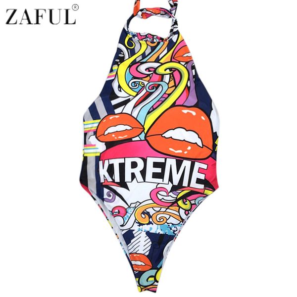 

zaful 2017 girls graffiti cartoon print halter high neck one piece swimwear colorful swimsuit bathing suit bodysuit monokini, White;black