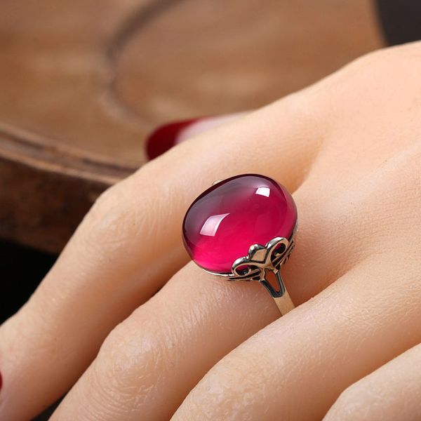 

natural semi precious stones 925 sterling sier retro girls rings hollow red corundum female jewelry lovers gift, Golden;silver