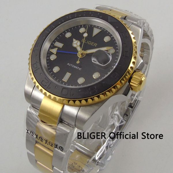

solid bliger 40mm black dial golden plated case luminous marks gmt function sapphire glass automatic movement men's wristwatch, Slivery;brown
