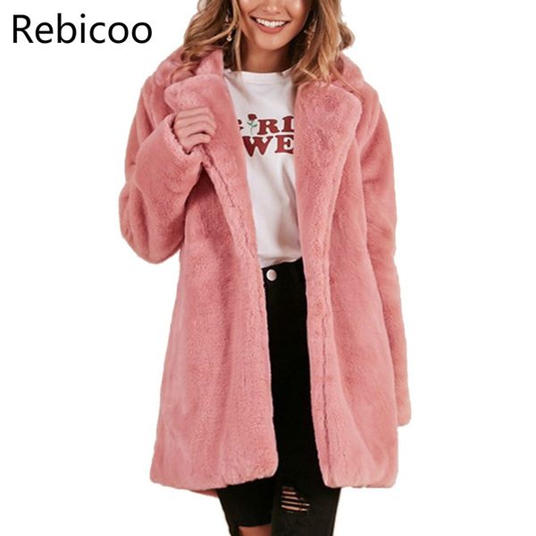 

women faux fur coat elegant pink shaggy streetwear autumn winter warm plush coat female plus size overcoat party, Black