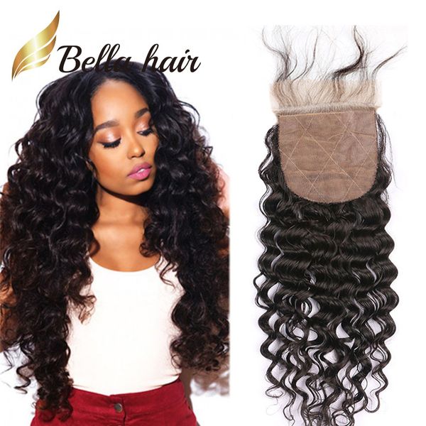 

bella hair preplucked silk base closure 3 layers brazilian virgin human hair 4x4 lace natural color quality deep wave 1220inch, Black;brown