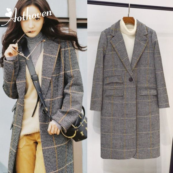 

winter multicolor notched neck plaid woolen coat high street long sleeve outerwear women autumn elegant modern lady trench coat, Tan;black