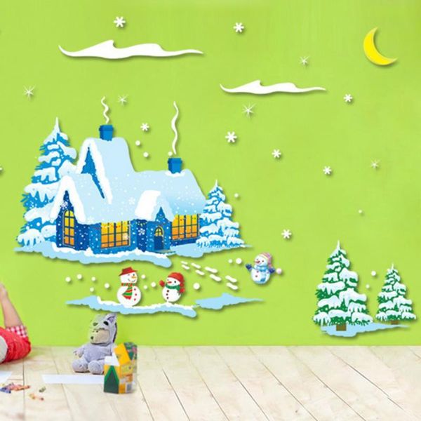 

fashion cute christmas snowman tree snowflake house wall sticker wall decal nice