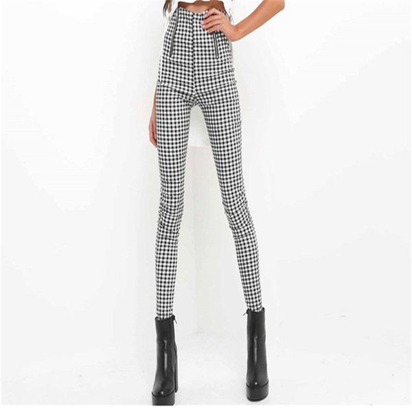 

2017 autumn gray white plaid pants sweatpants women side zipper trousers casual cotton comfortable elastic pants joggers, Black;white