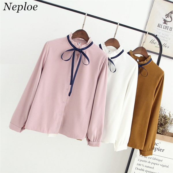 

neploe 2018 spring new long-sleeve shirt wild bow tie temperament female blouse fashion ruffled collar women blusas 66366, White