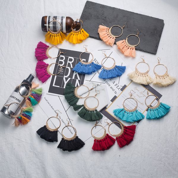 

bohemian ethnic fringed tassel earrings for women golden round circle ring dangle hanging lovely drop earrings jewelry 10 styles, Silver