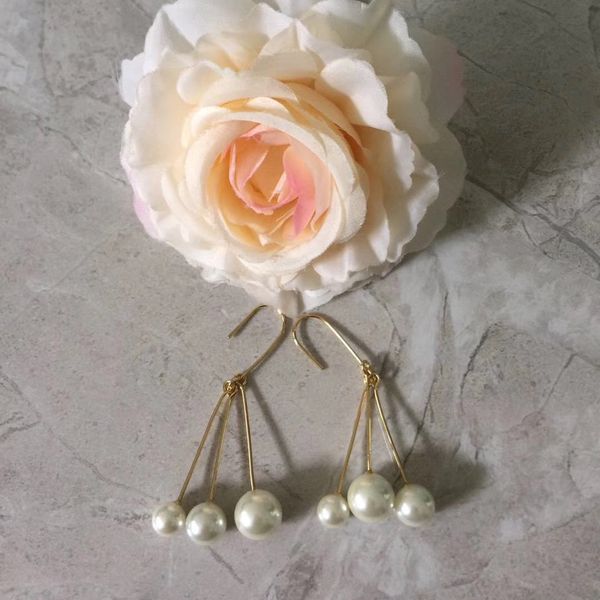 

High Quality Brass material in 18k real gold plated with three beads dangle earrings wholesale for women fashion brand jewelry PS6653A