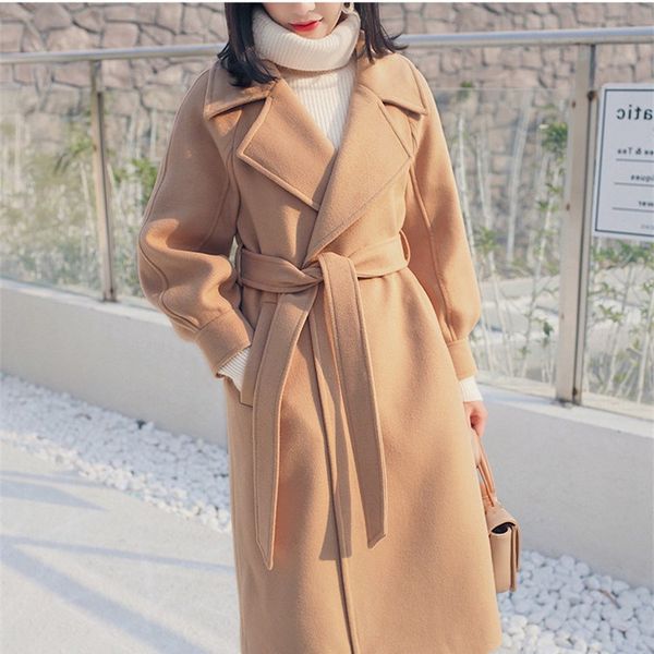 

new women lantern sleeve belt woolen coat winter warm solid color long overcoat female pockets windproof overcoats, Black