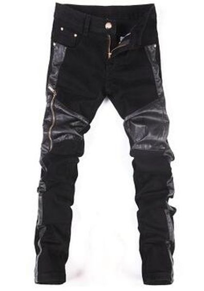 

wholesale- fashion hip hop mens faux leather pants zipper design sweatpants man skinny motorcycle chain joggers casual black pu trouser