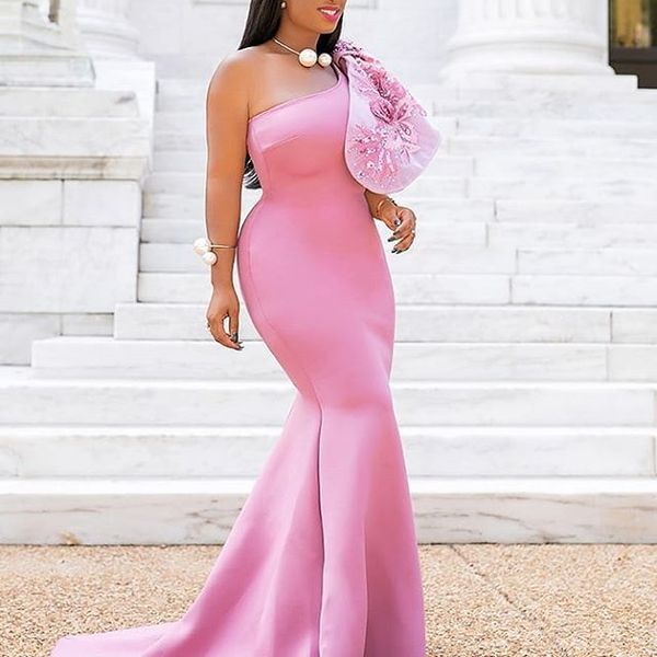 

pink mermaid long prom dresses one shoulder applique sleeveless zipper party gowns glamorous sweep train evening dresses cocktail dress, Black