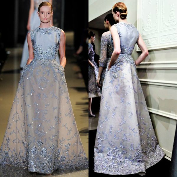 

elie saab 2019 новые вечерние платья светло-синий линия jewel шеи формальное платье выпускного вечера кружева аппликация бусины партии плать, Black