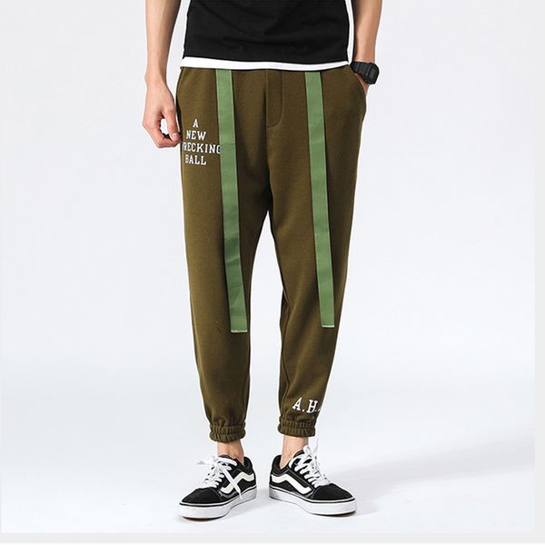 

casual trousers men hip hop ribbons harem pants men letters print army green black pencil pants male sweatpants m-5xl