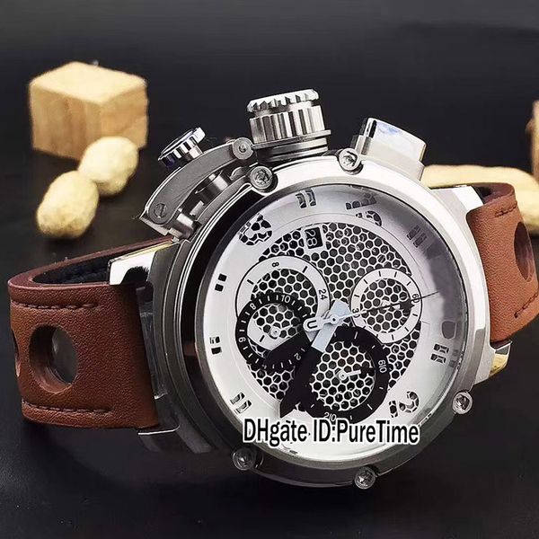 

new u51 chimera steel case white skeleton dial black subdial miyota quartz chronograph mens watch satch brown leather watches ub57b2, Slivery;brown