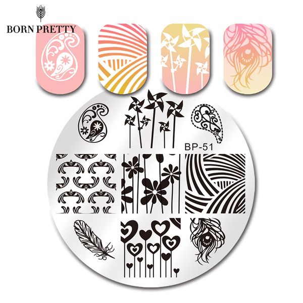 

born pretty cute windmills nail stamping plate round feather heart template image stencil manicure nail art plate bp-51, White