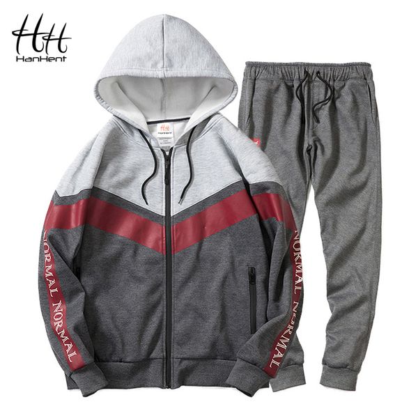 

hanhent new mens tracksuit hooded hoodies long pants men sweat suit 2018 fashion trend men sets large size outerwear sweatshirts, Gray