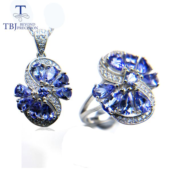 

tbj,2018 new natural good color tanzanite jewlery set pendant and ring 925 sterling silver for women annviersary party gift, Black